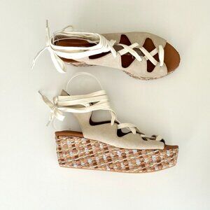 NEW SEE BY CHLOE Nude Suede Platform Lace Up Raffia Wedge Sandals Size US 8